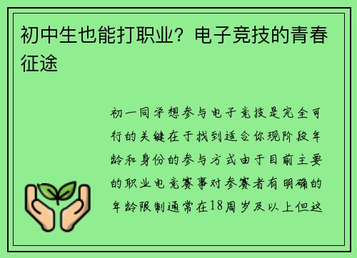 初中生也能打职业？电子竞技的青春征途